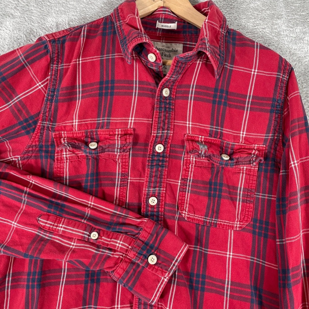 Abercrombie & Fitch Flannel‎ Shirt Mens 2XL Red Plaid Button Up Muscle Fit READ